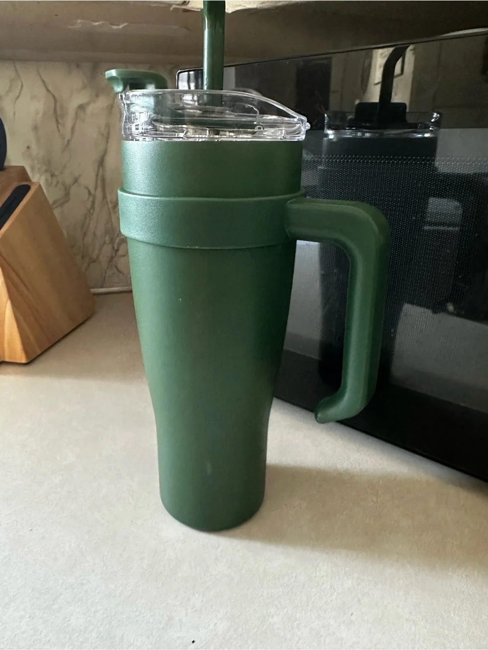 Green Travel Tumbler with Handle and Straw - Insulated Drink Cup 40oz